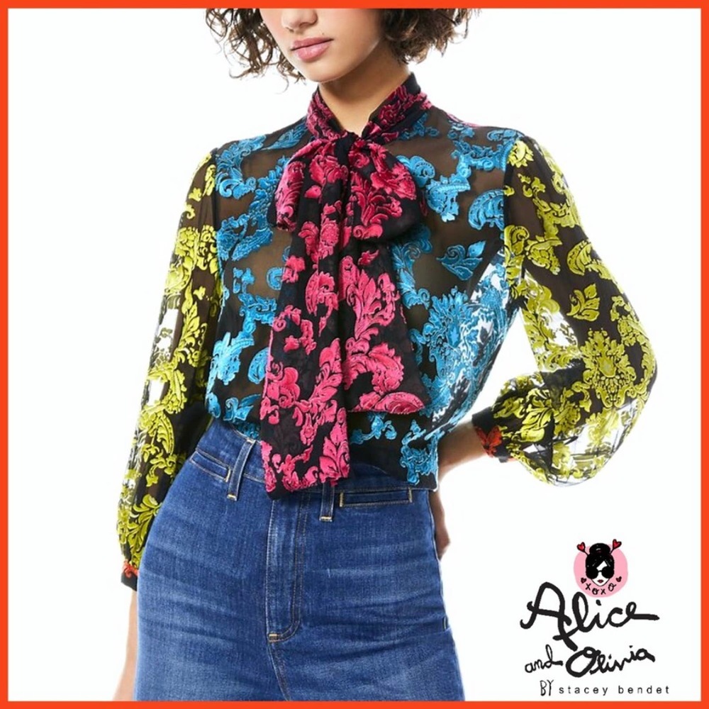 NWT Alice + Olivia Jeannie Show Me Love Tie Neck Silk Jacquard Velvet Blouse M